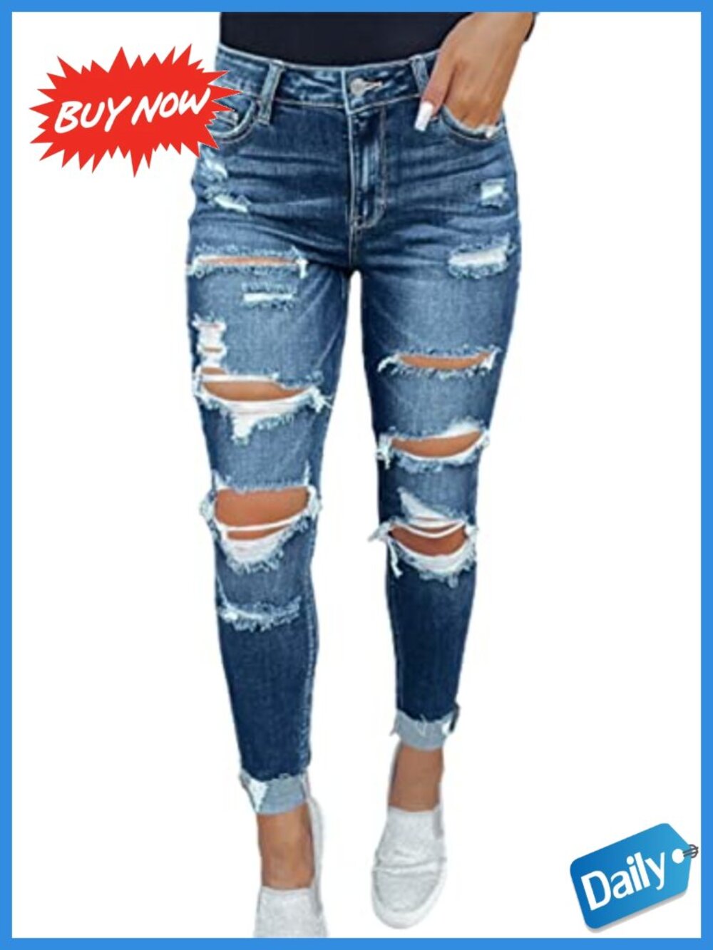 Ripped Mid Waisted Boyfriend Jeans Loose Fit Distressed Stretchy Denim Pants